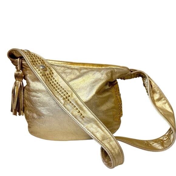Vintage Metallic Gold Leather Crossbody Bag Rodeo Studded with Tassels Lion